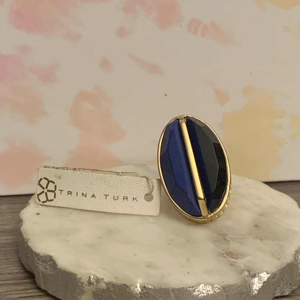 Trina Turk Gold Oval Ring with Blue and Black Inlay